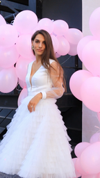 Civil wedding dress with neckline, sleeves and ruffles