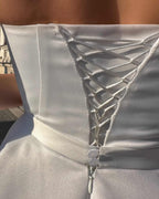 Rochie cununie civila albă midi cu corset din satin regal, detaliu șiret spate și cordon detașabil.