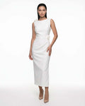 White sleeveless midi dress, fitted silhouette, elegant wrap design