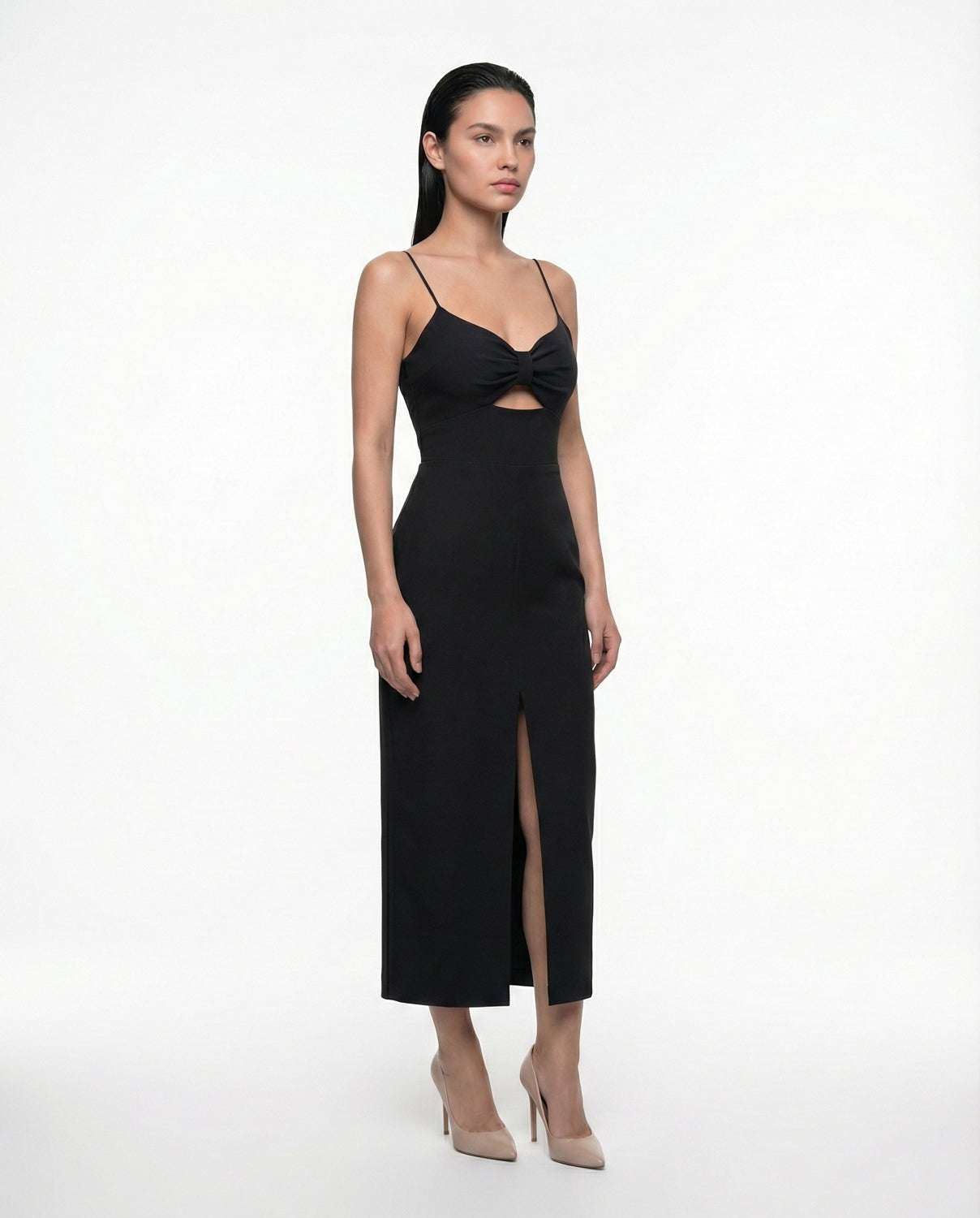 Elegant black dress with slit, straps for special occasions