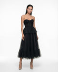 Elegant black midi dress with corset, party dress with fine lace