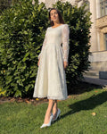 White midi civil wedding dress with lace sleeves