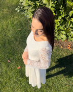 White midi civil wedding dress with lace sleeves