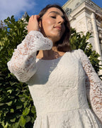 White midi civil wedding dress with lace sleeves