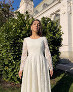 White midi civil wedding dress with lace sleeves