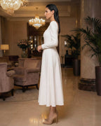White midi dress with long crepe sleeves for civil, religious weddings
