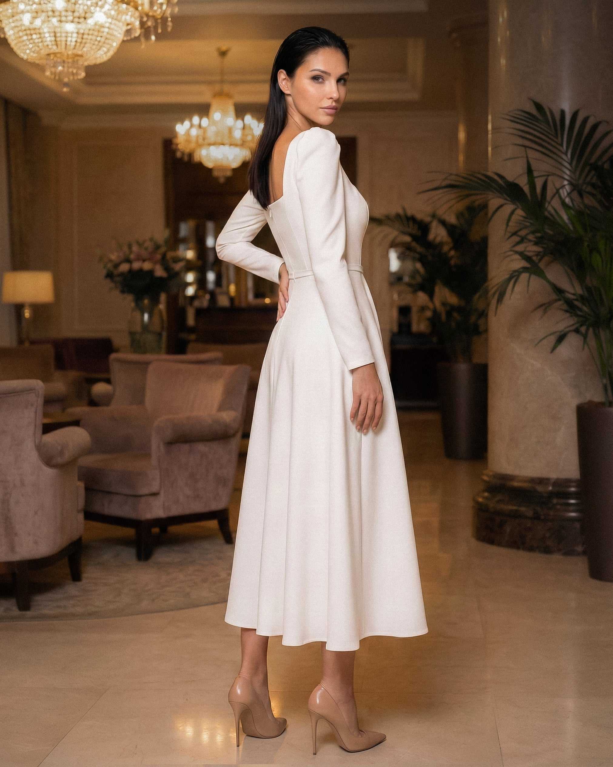 White midi dress with long crepe sleeves for civil, religious weddings