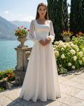 Long A-line wedding dress, adjustable bodice, long veil sleeves