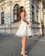 Rochie de ocazie alba scurta din dantela cu corset - BELLADRESS