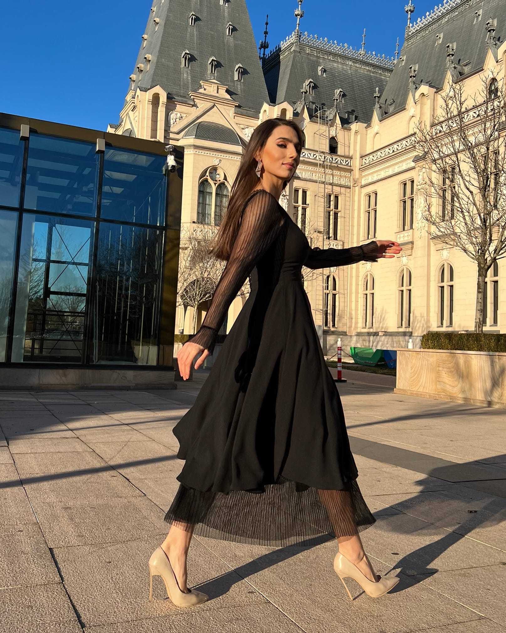 Rochie de ocazie neagra cu maneci transparente - BELLADRESS