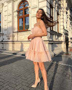 Rochie eleganta de ocazie roz deschis, scurtă, cu corset și șiret reglabil, fustă evazată și talie accentuată din catifea, ideală pentru evenimente speciale.