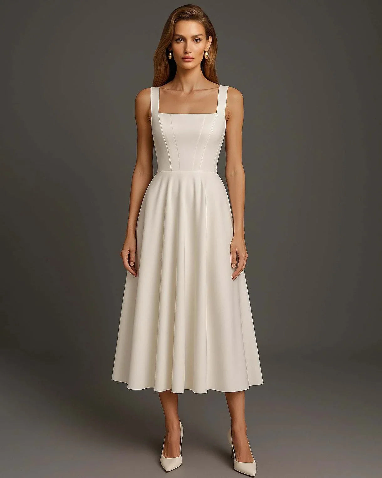 Rochie eleganta de ocazie alba midi cu croiala A-line si decolteu patrat, ideala pentru cununie, botez si petreceri elegante.