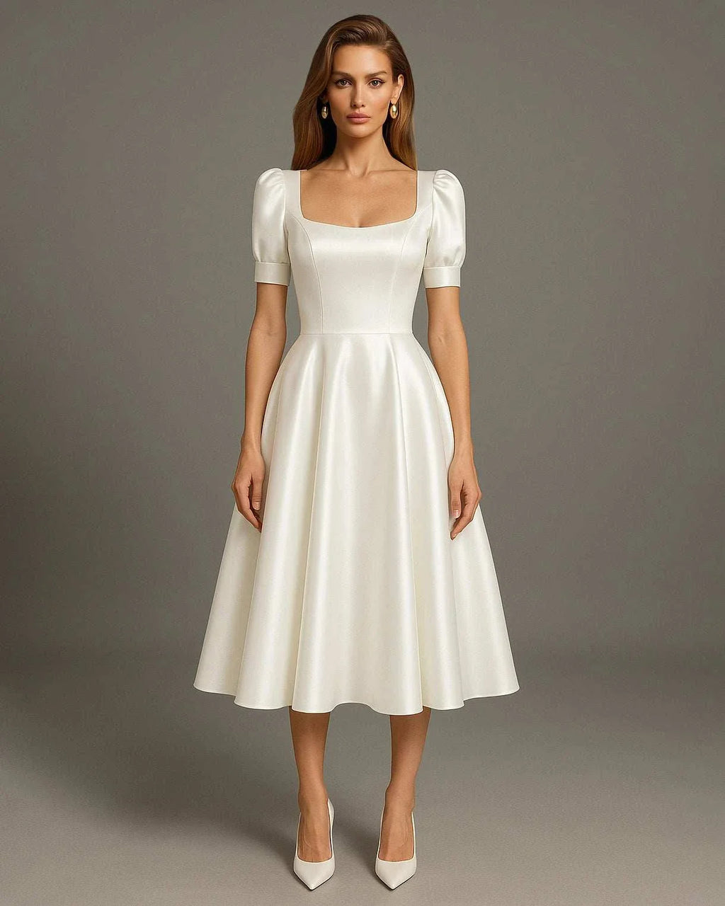 rochie alba eleganta din satin cu croiala A-line pentru ocazii speciale