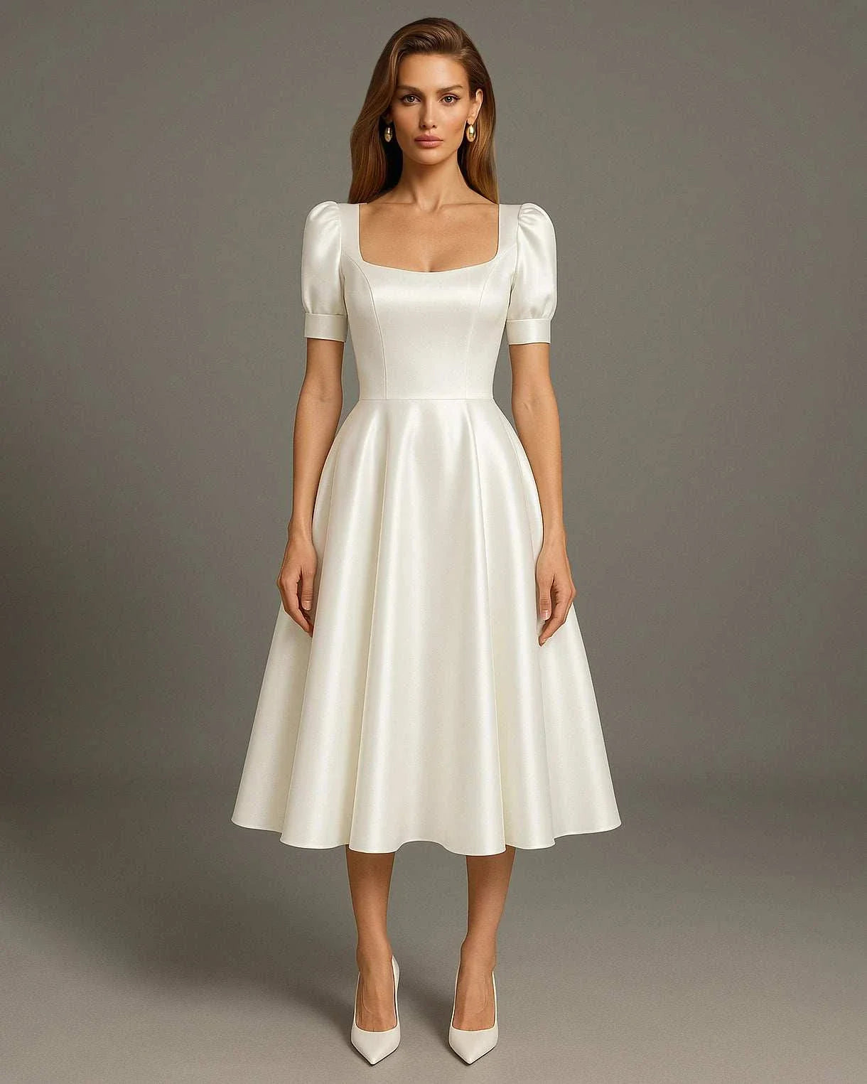 rochie alba eleganta din satin cu croiala A-line pentru ocazii speciale